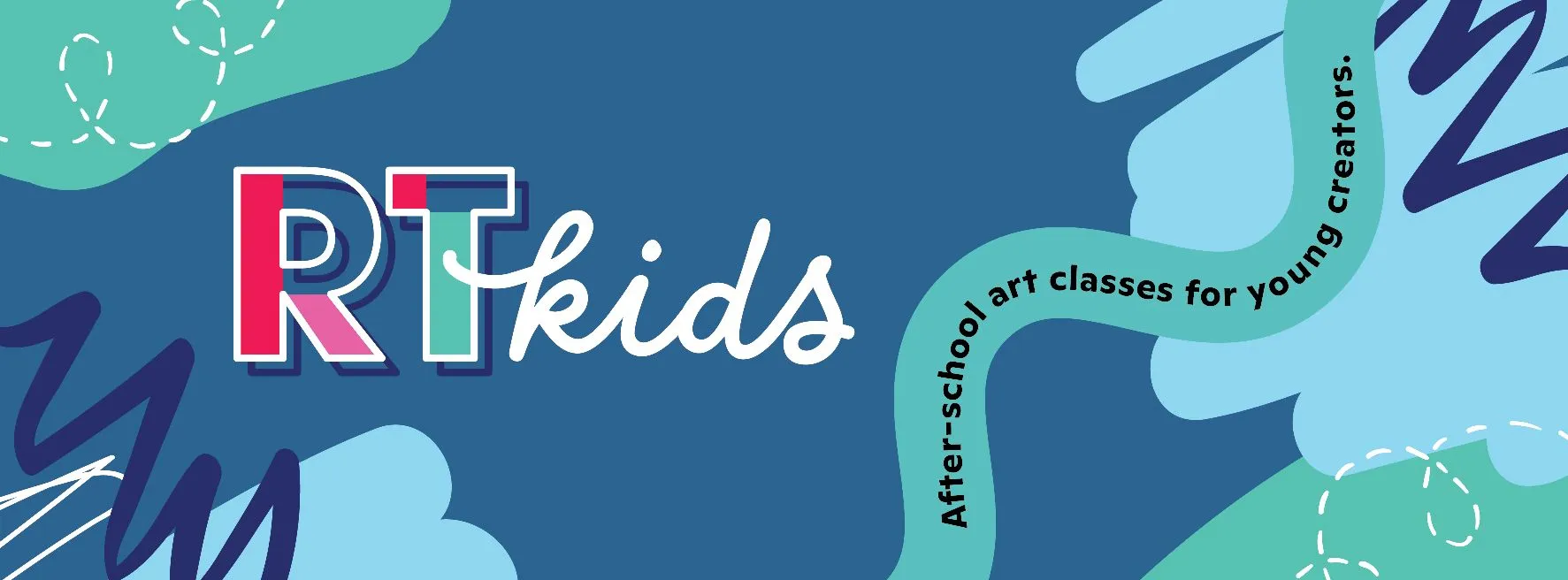 Graphic banner with the text ‘RT Kids’ and ‘After-school art classes for young creators’ on a blue background with colorful abstract shapes and scribbles